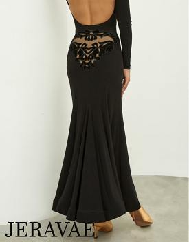 Long Black Ballroom Practice Skirt with Asymmetrical Flared Hem and Velour Décor on Back PRA 886 in Stock