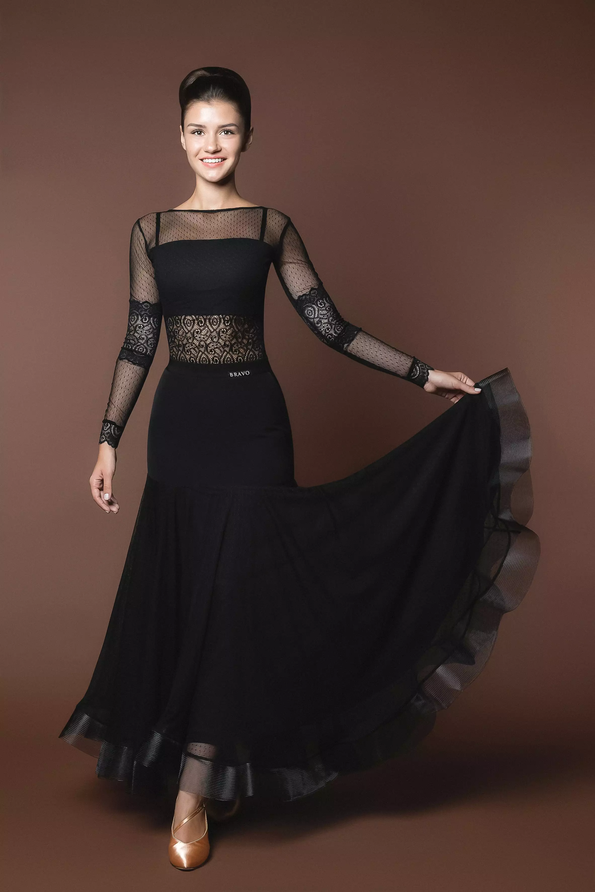 Long Black Ballroom Practice Skirt with Horsehair Hem and Elastic Waistband Matching Lace Ballroom Practice Top Pra525