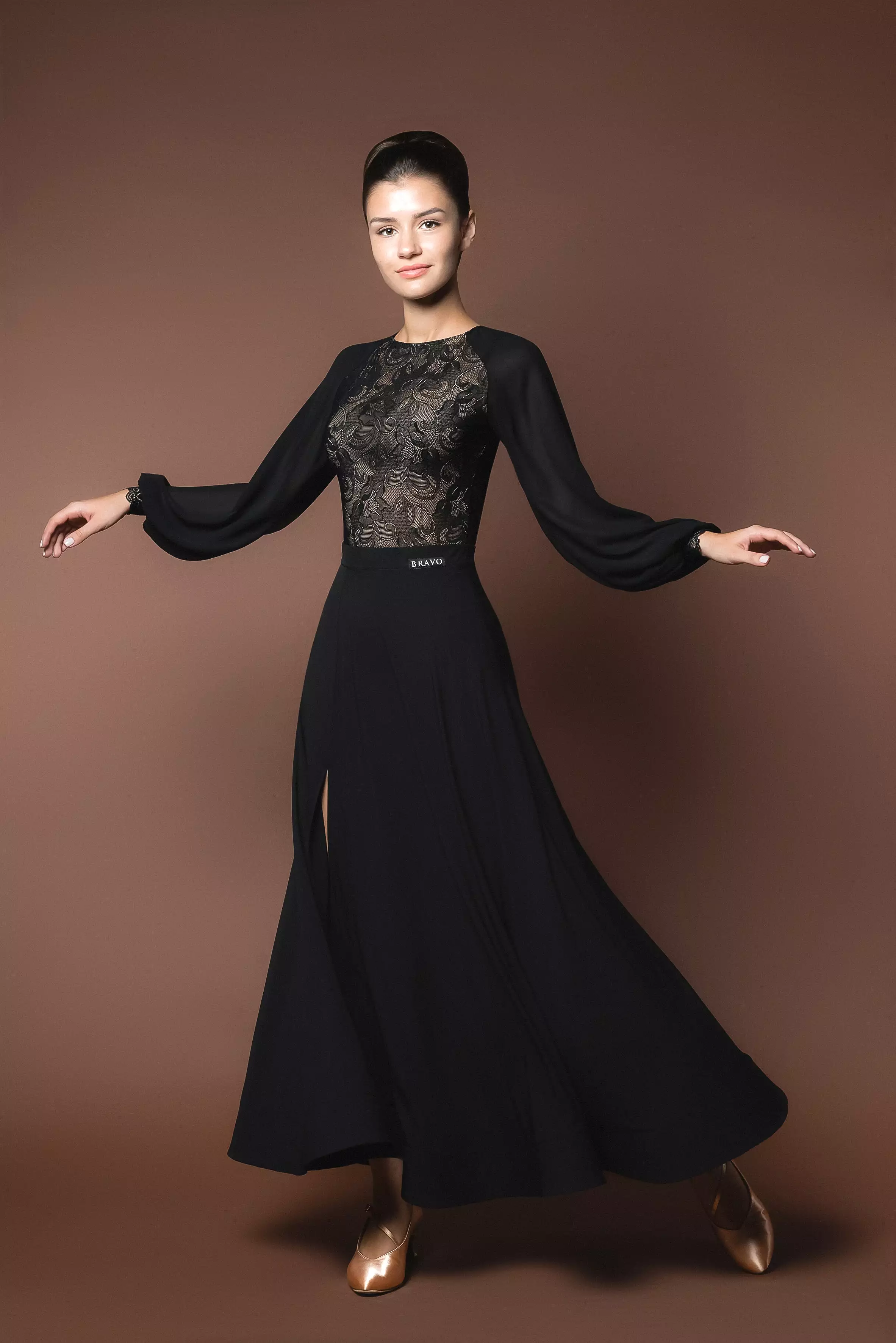 Long Black Crepe Ballroom Practice Skirt with Wrapped Horsehair Hem and Sexy Slit Matching Long Sleeve Ballroom Practice Top Pra