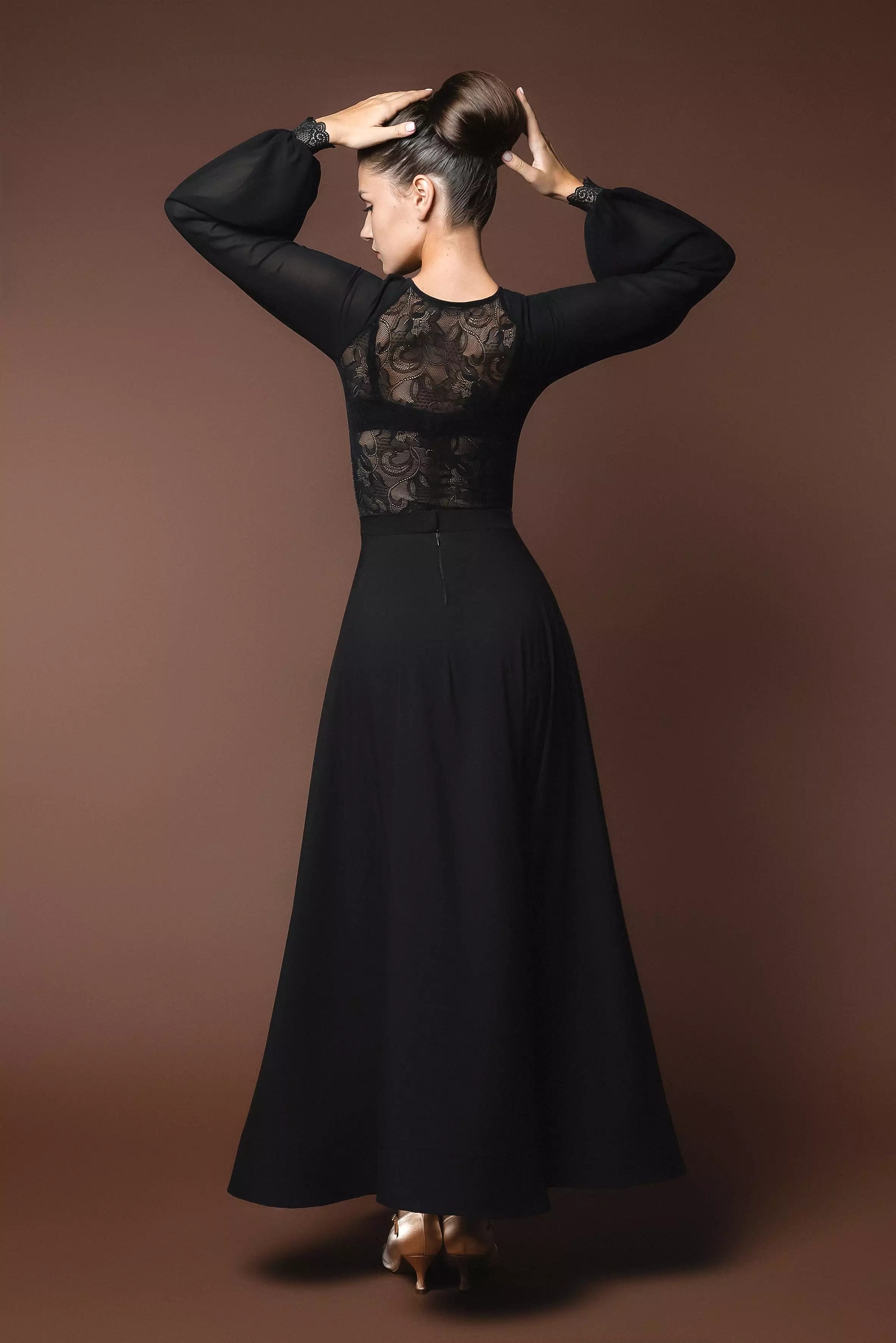 Long Black Crepe Ballroom Practice Skirt with Wrapped Horsehair Hem and Sexy Slit Matching Long Sleeve Ballroom Practice Top Pra