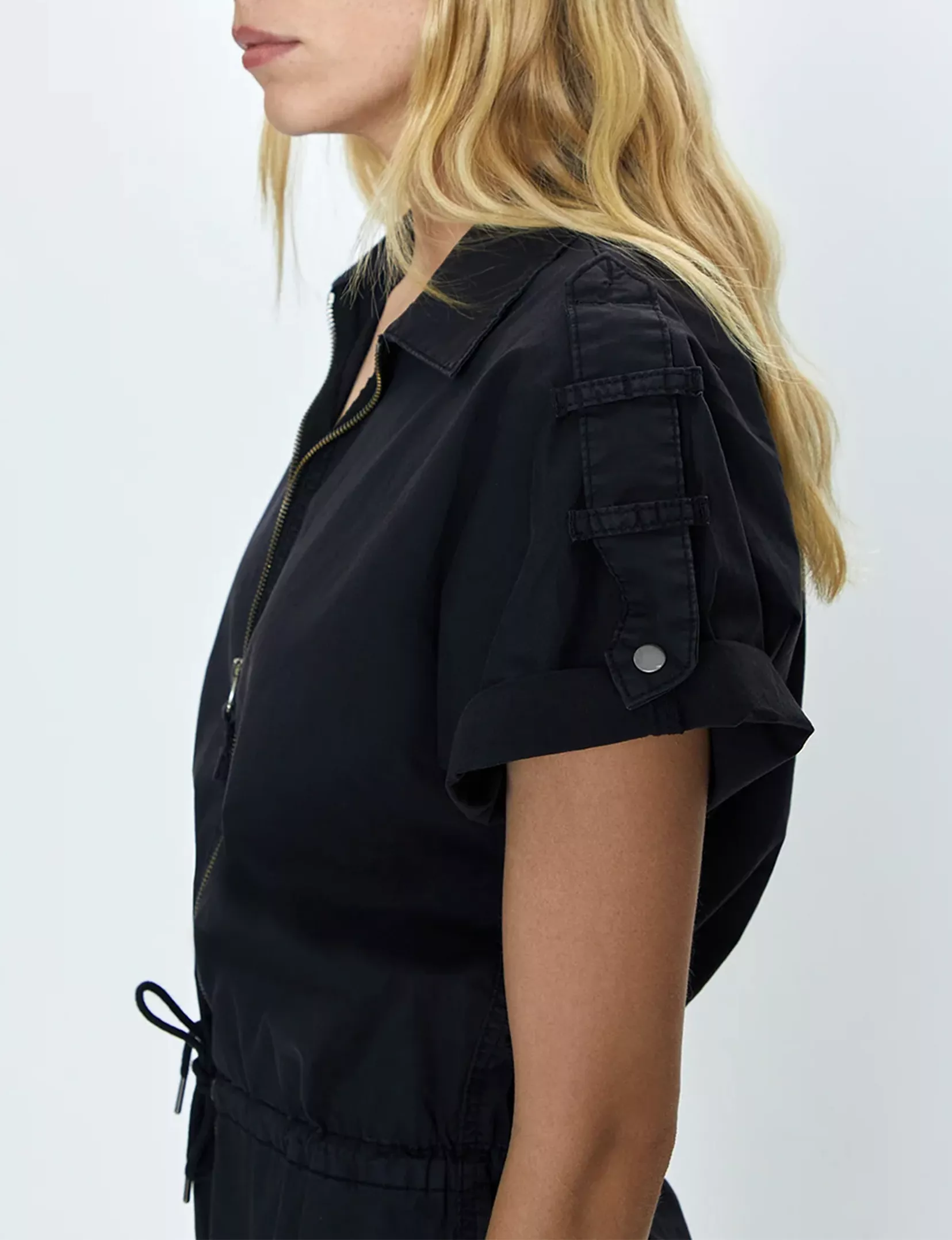 Meg Short Sleeve Zip Up Romper, Fade to Black