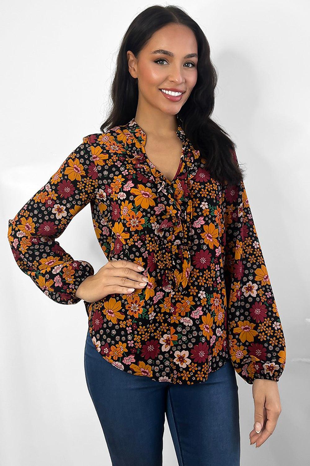 Mustard Floral Print Grandad Collar Blouse