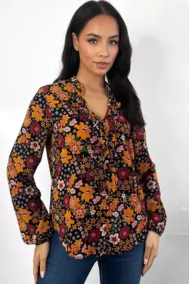 Mustard Floral Print Grandad Collar Blouse