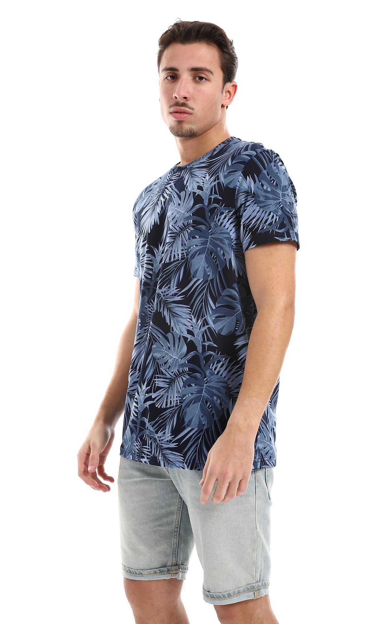 O164745 Navy Blue & Blue Leaves Patterned Tee