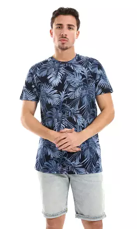 O164745 Navy Blue & Blue Leaves Patterned Tee