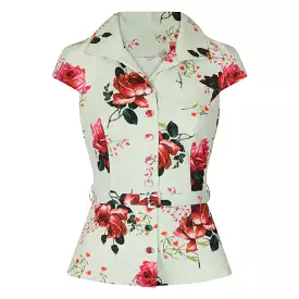 Off White Red Rose Floral Vintage Blouse