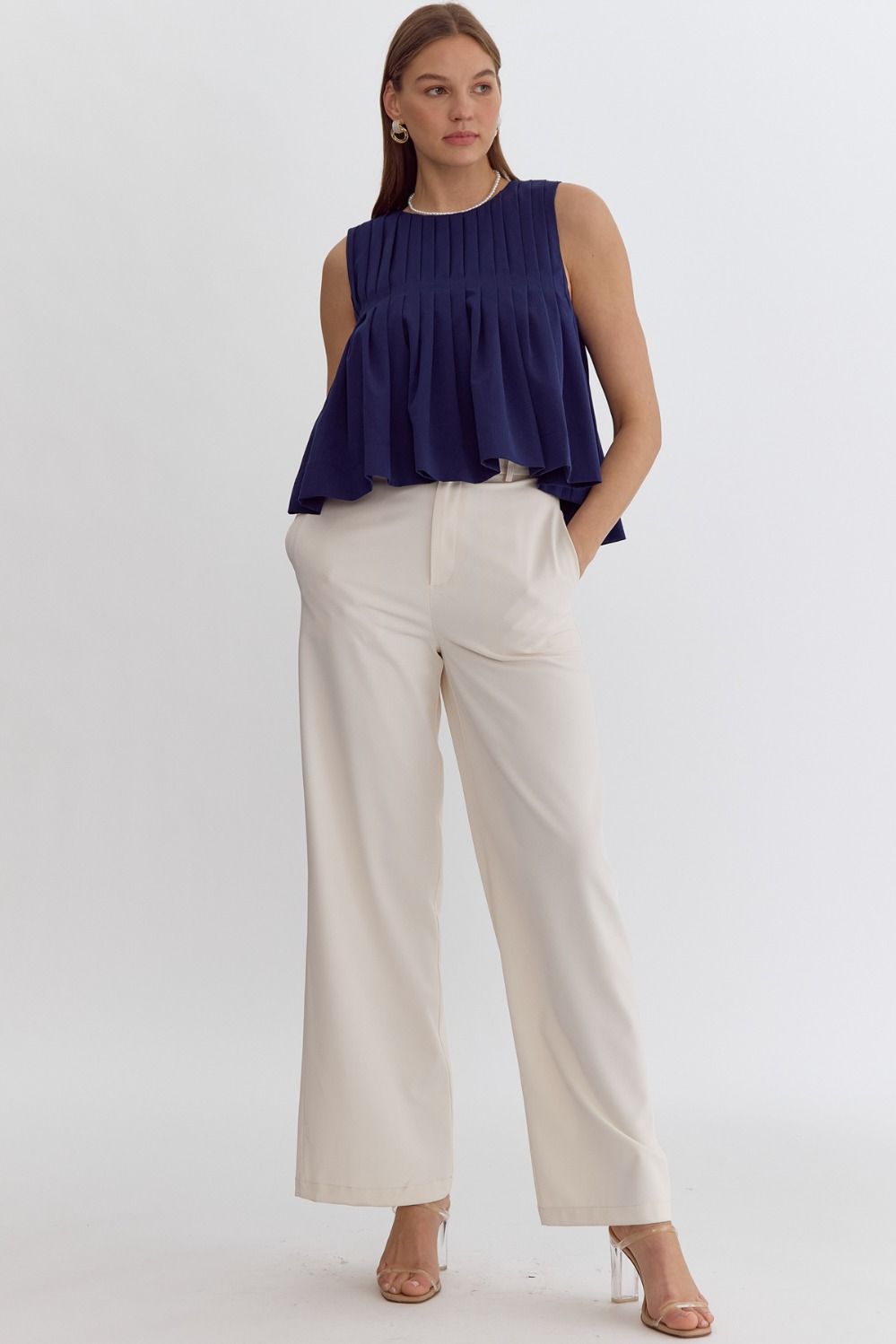 Pleated Sleeveless Cropped Ruffled Detail Top