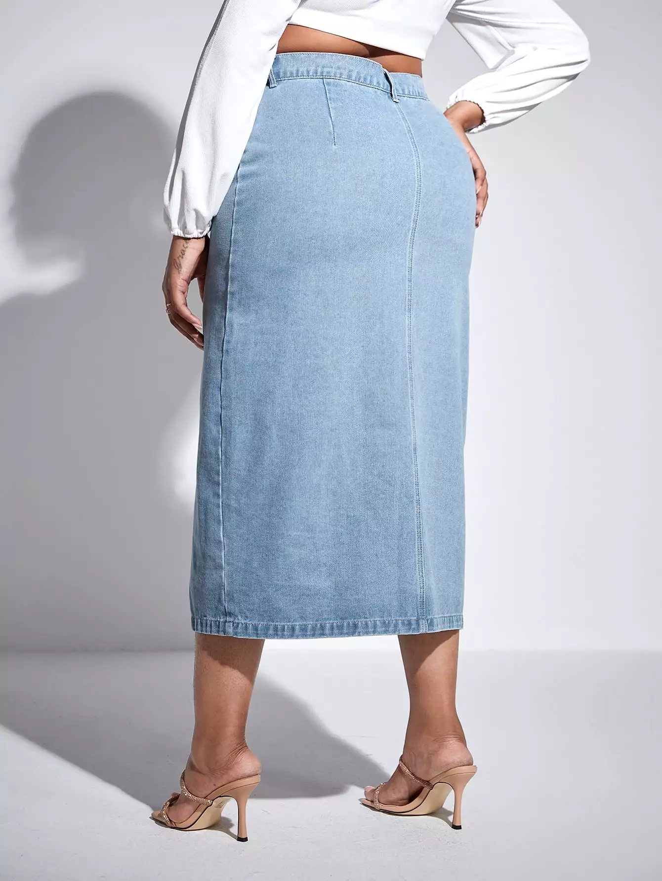 Plus Button Front Denim Skirt