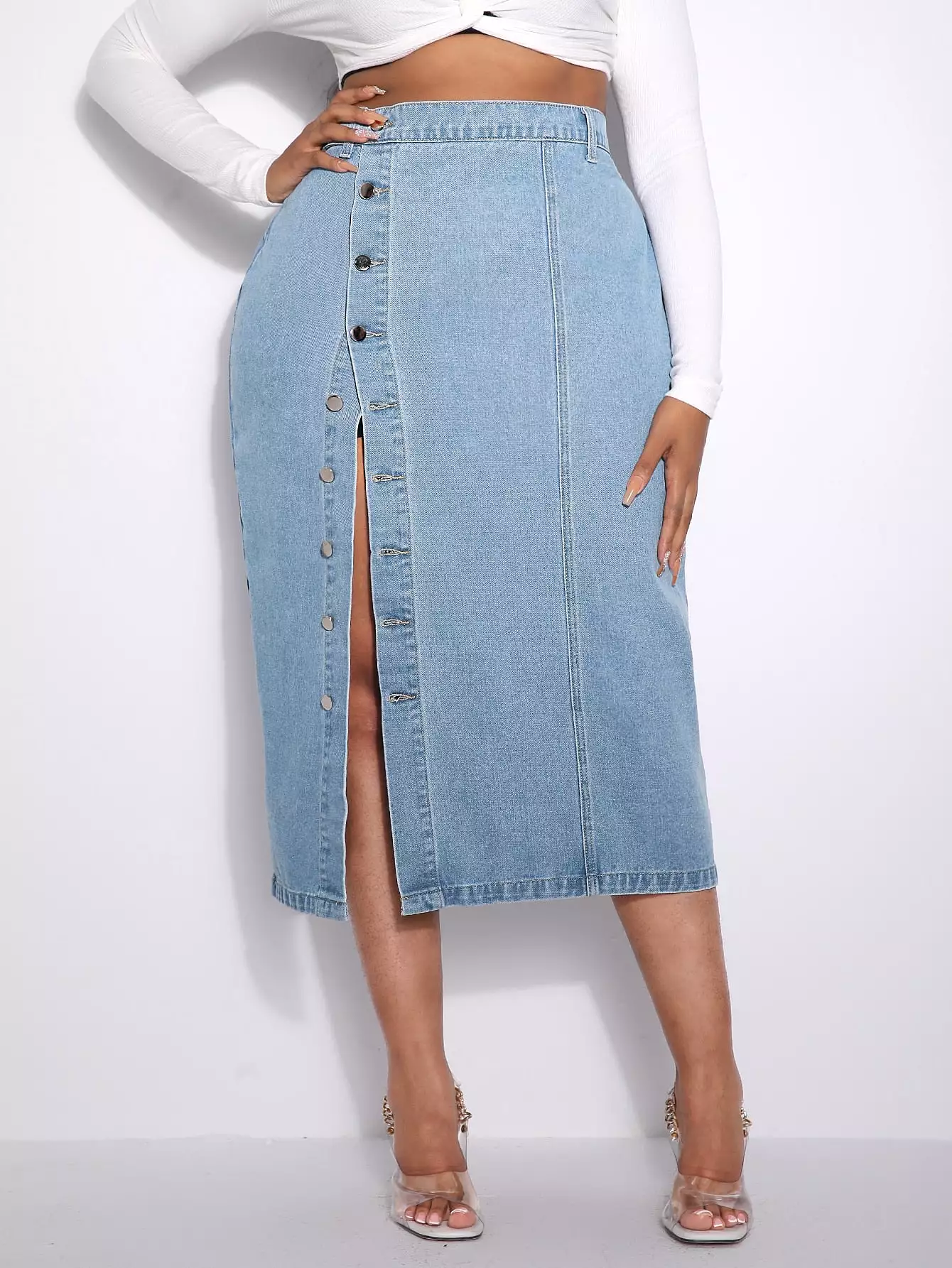 Plus Button Front Denim Skirt