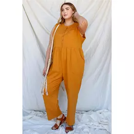 Plus Cotton Front Button Up Detail Sleeveless Jumpsuit