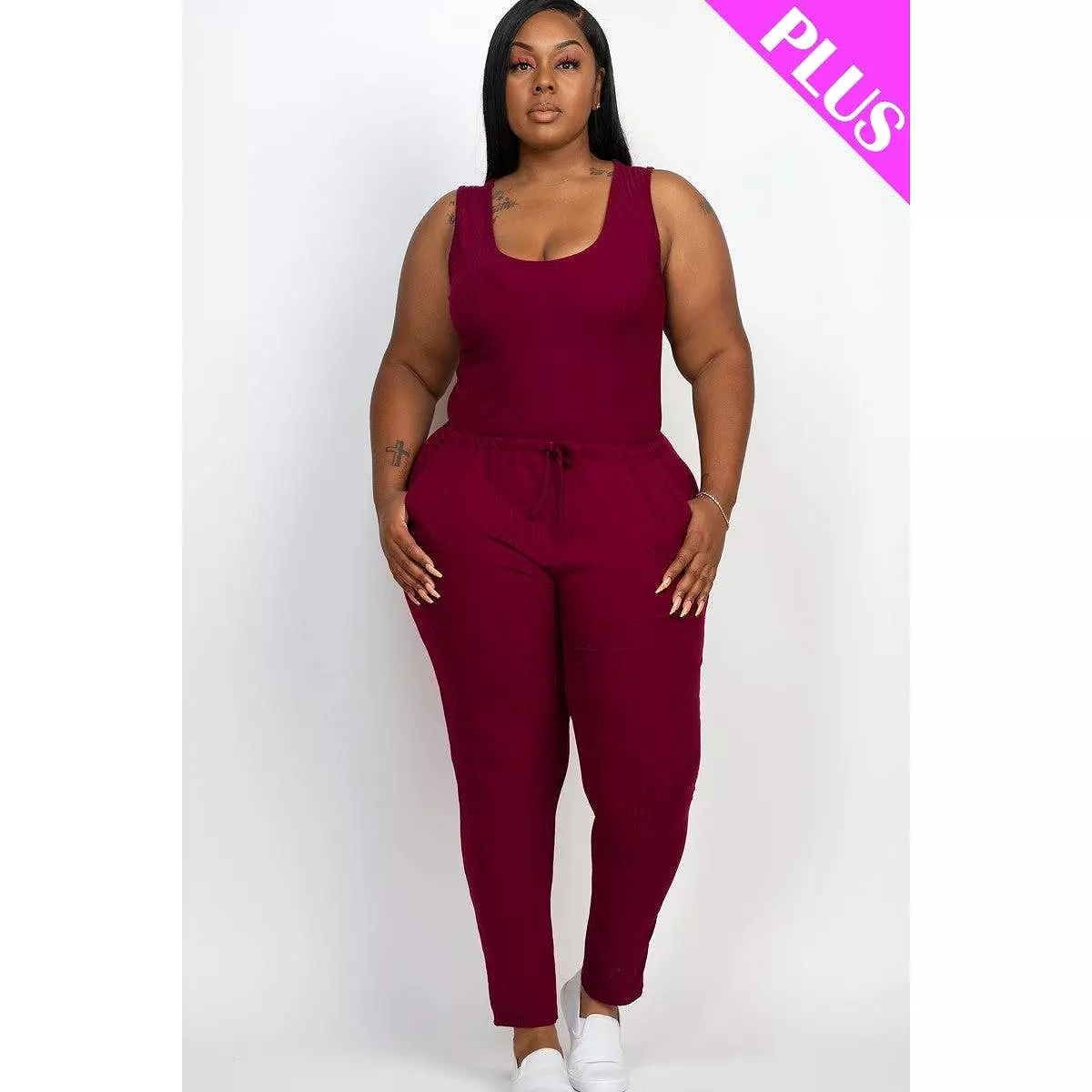 Plus size burgundy ribbed sleeveless drawstring jumpsuit