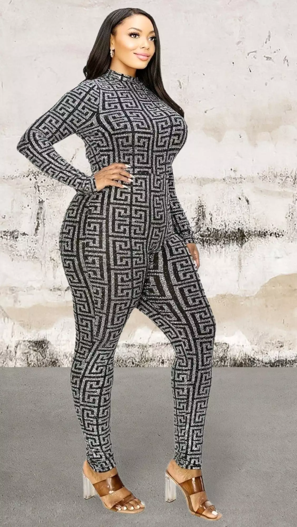 Plus size geo pattern glitter printed jumpsuit