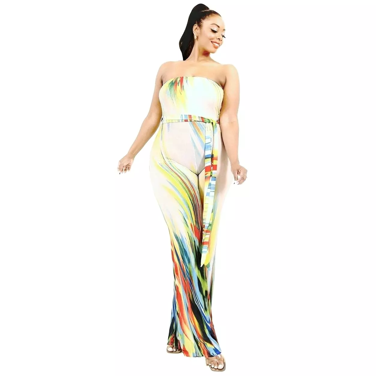 Plus size off shoulder color brushed tie waist jumpsuit