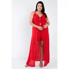 Plus size sleeveless front lace up red maxi romper dress