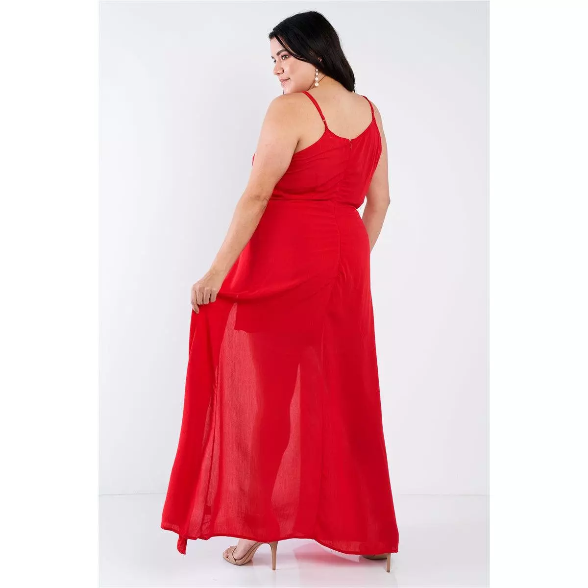 Plus size sleeveless front lace up red maxi romper dress