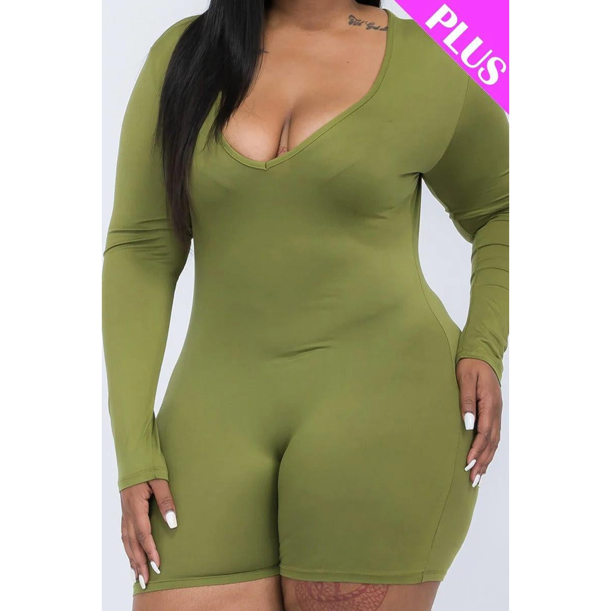 Plus V-neck Long Sleeve Bodycon Romper