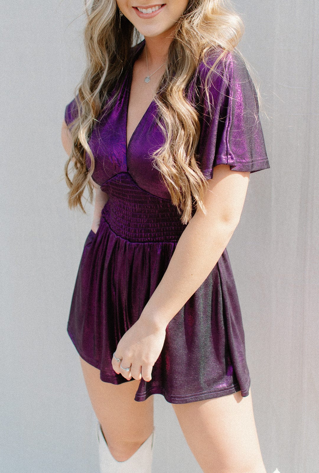 Purple Metallic Short Sleeve Romper