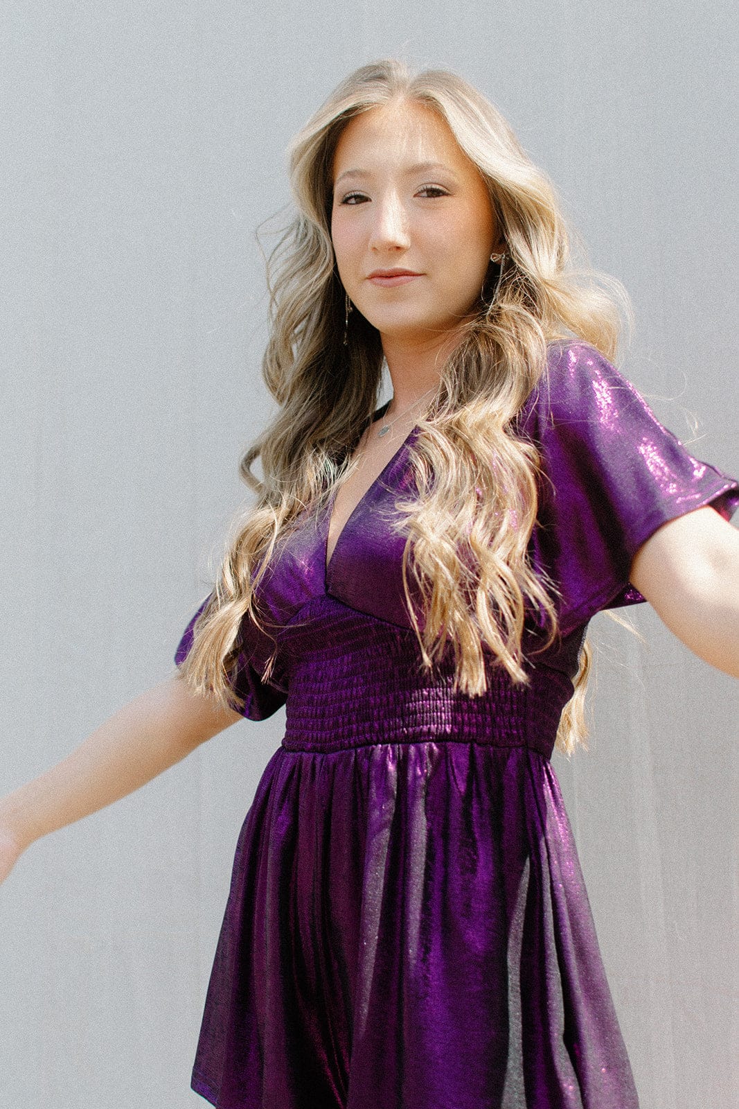 Purple Metallic Short Sleeve Romper