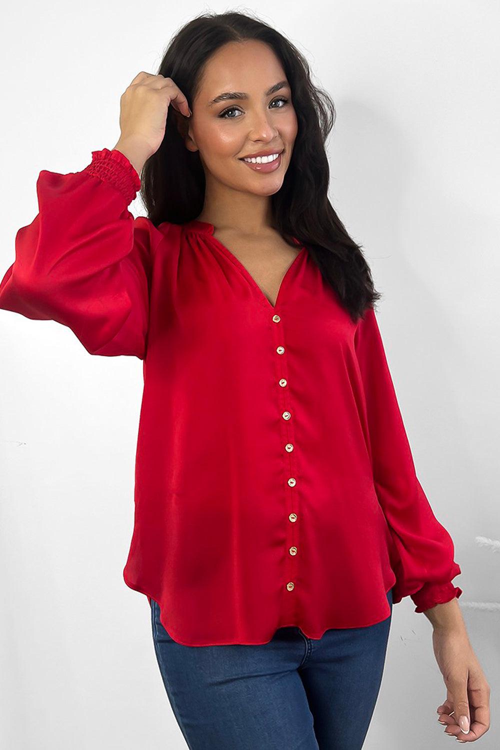 Red Satin Gold Buttons Front Grandad Collar Blouse