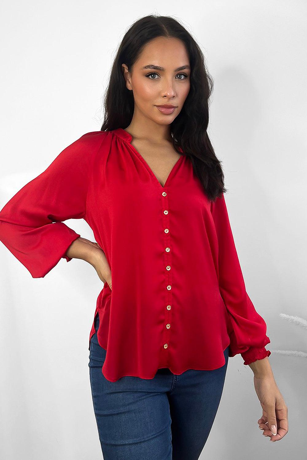 Red Satin Gold Buttons Front Grandad Collar Blouse