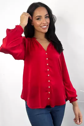 Red Satin Gold Buttons Front Grandad Collar Blouse