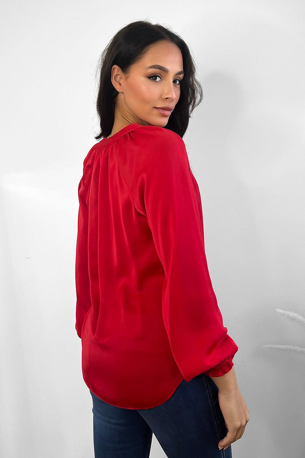 Red Satin Gold Buttons Front Grandad Collar Blouse