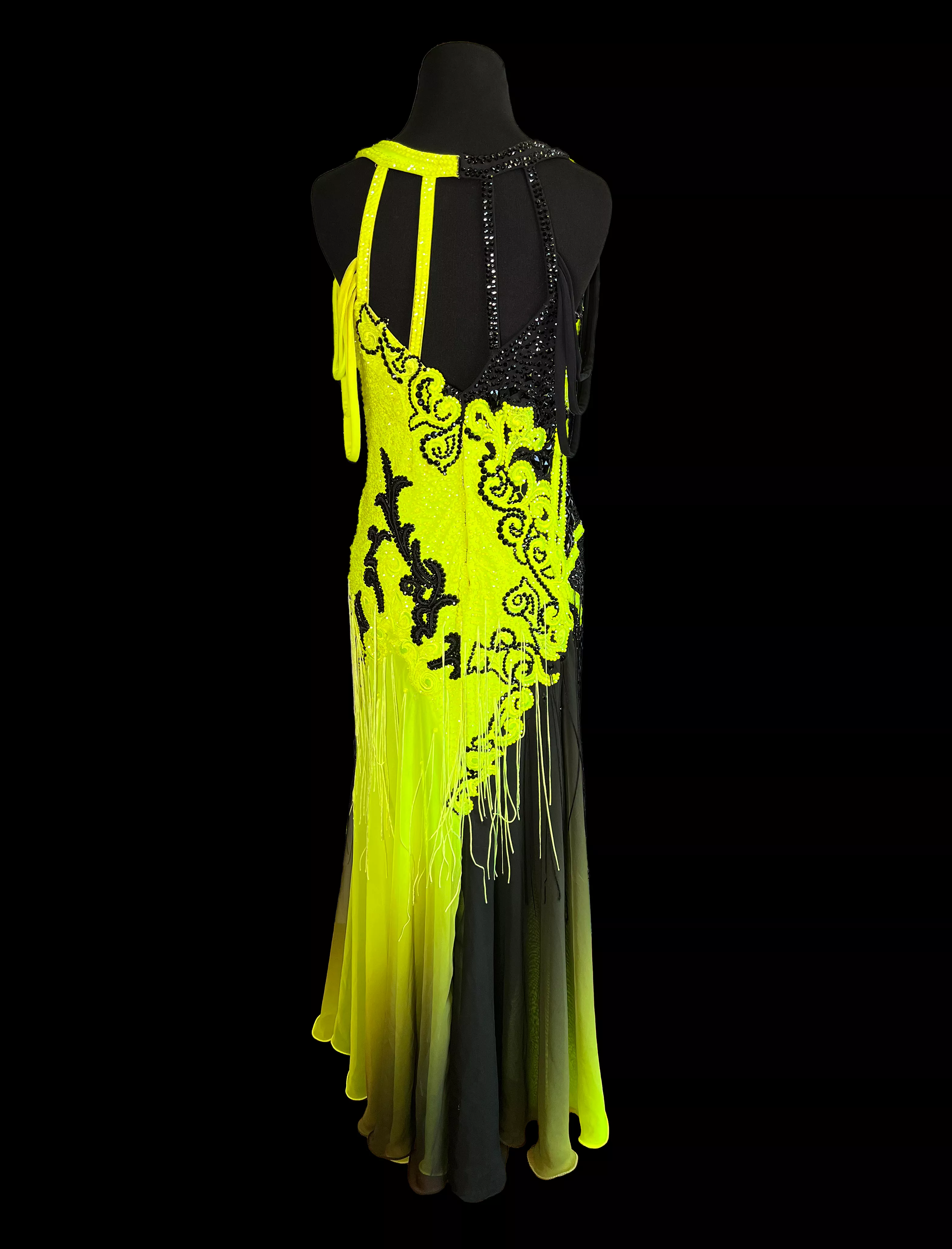 Resale Artistry in Motion Chartreuse and Black Smooth Ballroom Dress with Lace Appliqué, Fringe, and Ombre Skirt Sz XL/2XL Smo16