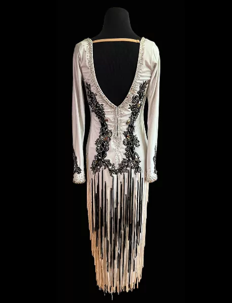 Resale Artistry in Motion Long Sleeve Silver Latin Dress with Black Lace Appliqué, Fringe, and Asymmetrical Skirt Sz L Lat232