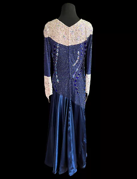 Resale Artistry in Motion Navy Blue Long Sleeve Ballroom Dress with Satin Skirt, White Lace Accents, and Closed Back Sz M Smo154