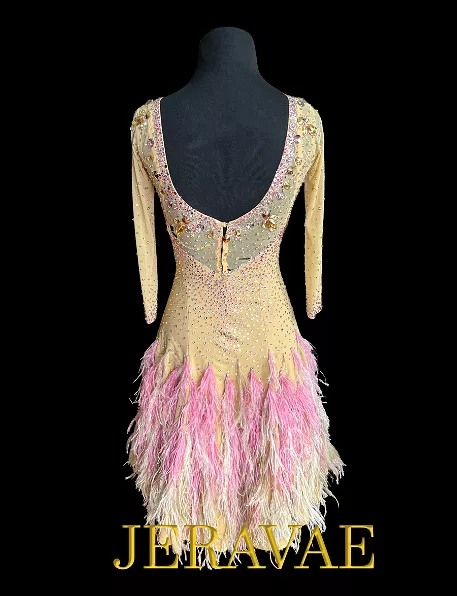 Resale Artistry in Motion Nude Latin Dress with Illusion Neckline, 3/4 Length Sleeves, Stoning Details, and Pink Feather Skirt S