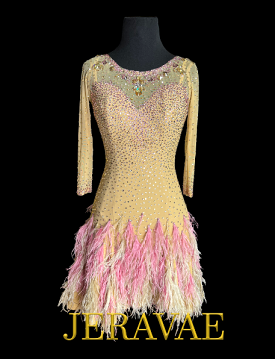 Resale Artistry in Motion Nude Latin Dress with Illusion Neckline, 3/4 Length Sleeves, Stoning Details, and Pink Feather Skirt S