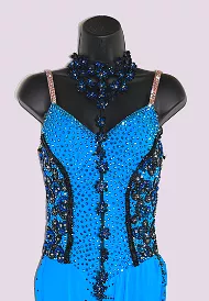 Resale Artistry in Motion Sleeveless Blue Smooth Ballroom Dress with Black Lace Applique Necklace Detail, Fringe, and Slit in Sk