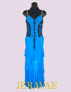 Resale Artistry in Motion Sleeveless Blue Smooth Ballroom Dress with Black Lace Applique Necklace Detail, Fringe, and Slit in Sk