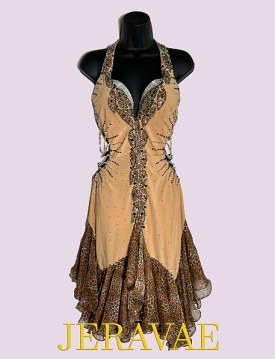 Resale Artistry in Motion Sleeveless Halter Nude Latin Dress with Waist Cutouts, Leopard Print Skirt, and Beautiful Back Strap D