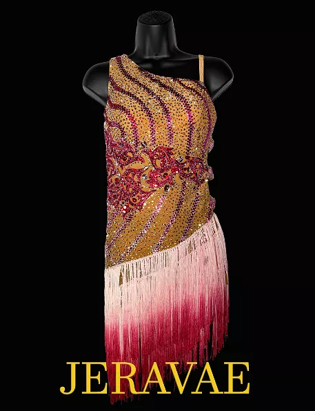 Resale Artistry in Motion Sleeveless Latin Dress with One Open Side with Straps, Swarovski Stones, and Pink Ombré Fringe Skirt S