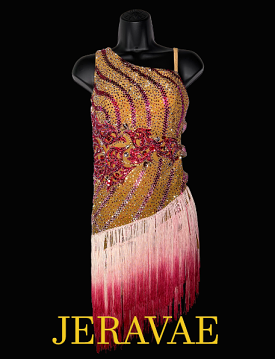 Resale Artistry in Motion Sleeveless Latin Dress with One Open Side with Straps, Swarovski Stones, and Pink Ombré Fringe Skirt S