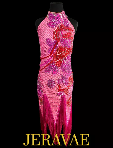 Resale Artistry in Motion Sleeveless Pink Latin Dress with Fuchsia Net and Fringe Skirt Sz M Lat224