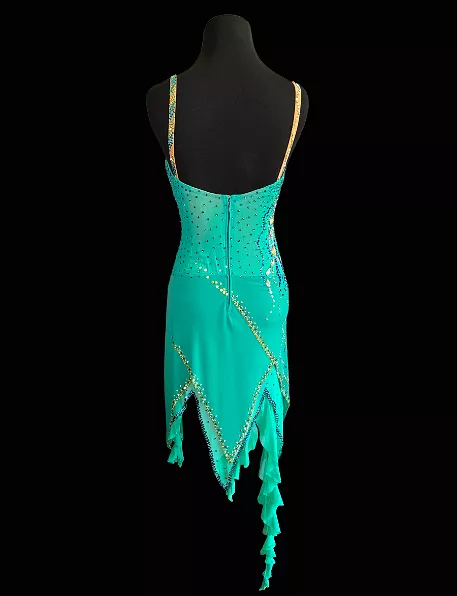 Resale Artistry in Motion Turquoise Latin Dress with Attached Necklace Detail, Front Sash, and Asymmetrical Skirt Sz S Lat230