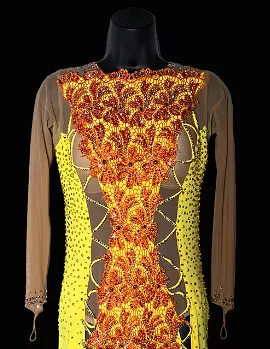 Resale Artistry in Motion Yellow Latin Dress with Orange Lace Applique, Swarovski Stones, Long Mesh Sleeves and Front Panels, an