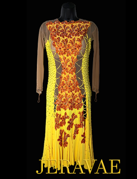 Resale Artistry in Motion Yellow Latin Dress with Orange Lace Applique, Swarovski Stones, Long Mesh Sleeves and Front Panels, an