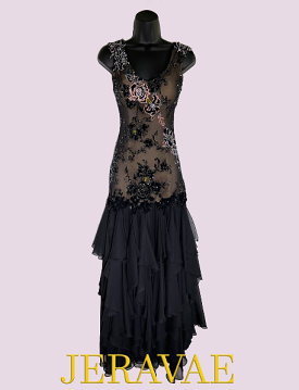 Resale Sleeveless Smooth Ballroom Dress with Black Mesh Over Nude Bodysuit, Velvet Appliqué, and Chiffon Ruffle Skirt Sz XS Smo1