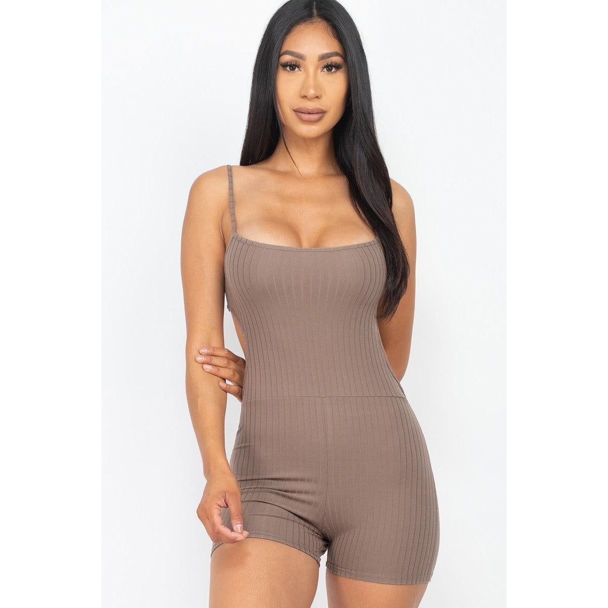 Ribbed Sleeveless Back Cutout Bodycon Active Romper