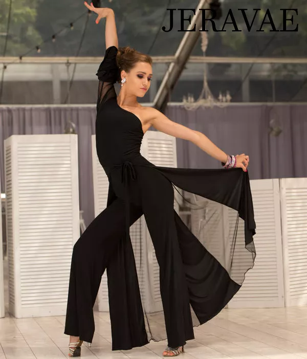 Senga Dancewear SEGA Black Jumpsuit with Asymmetrical Neckline, Single Bell Sleeve, and Detachable Skirt Accessory PRA 993 in St