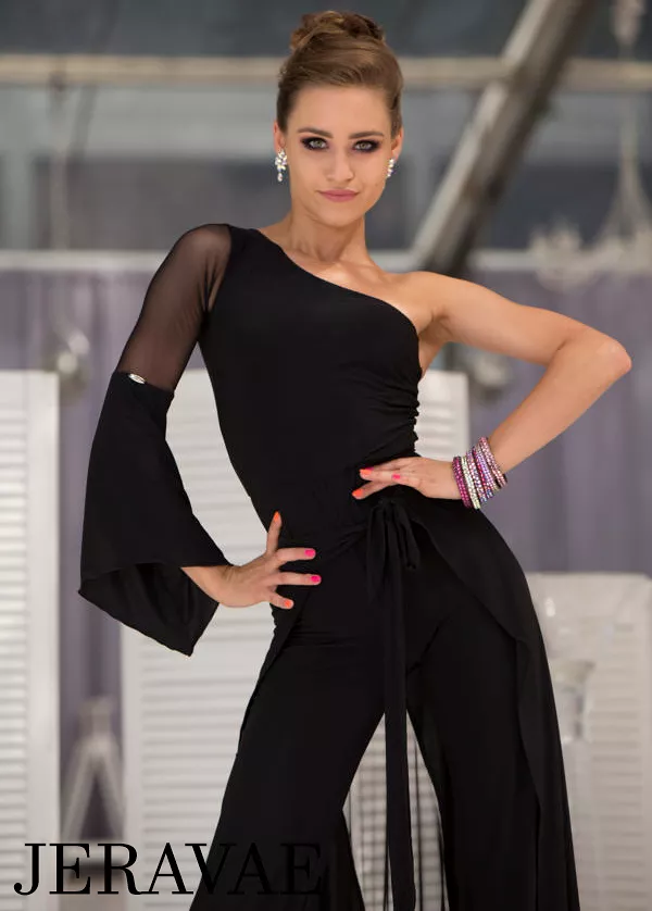 Senga Dancewear SEGA Black Jumpsuit with Asymmetrical Neckline, Single Bell Sleeve, and Detachable Skirt Accessory PRA 993 in St