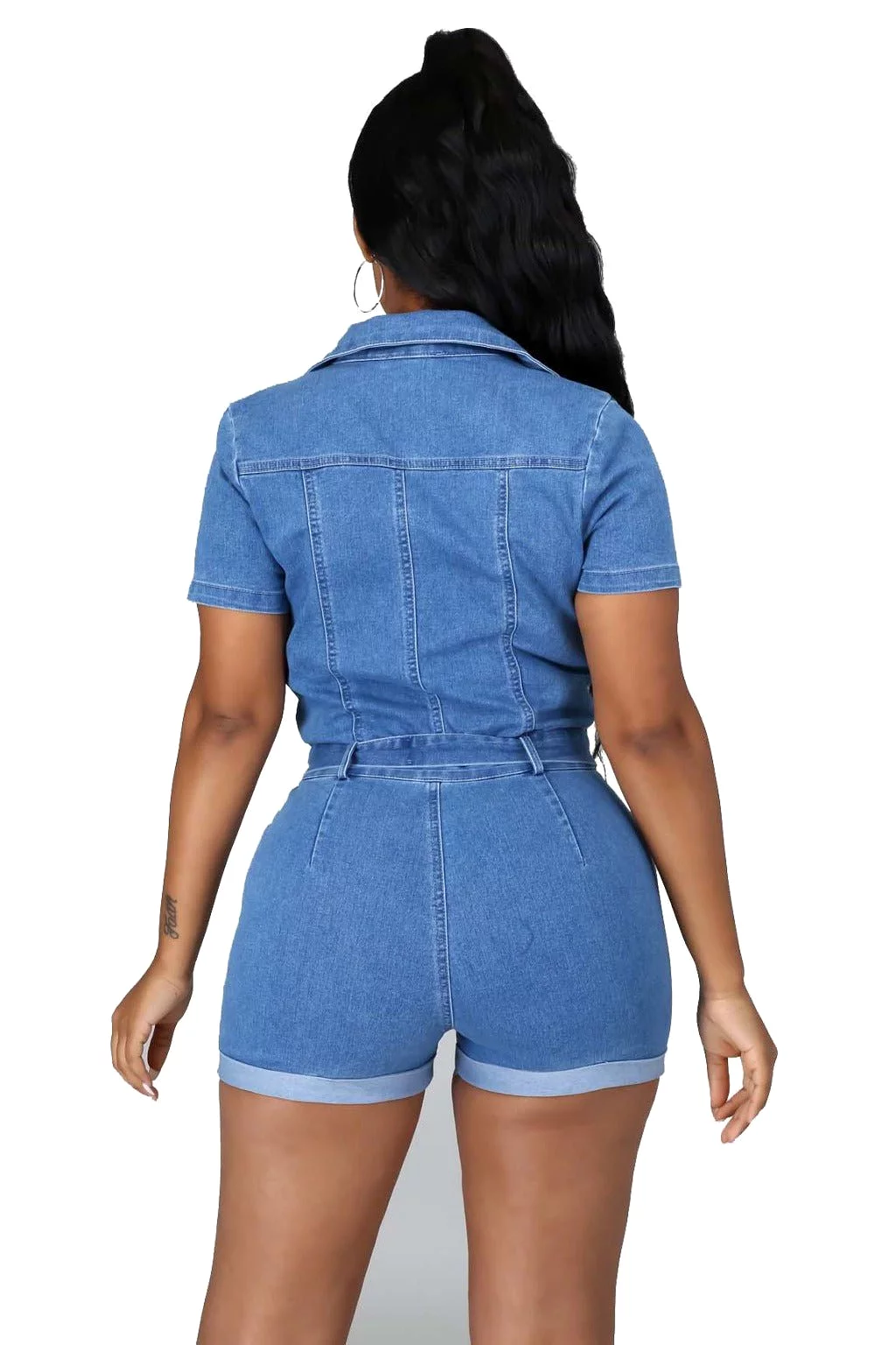 Serina Bow Denim Romper - Blue