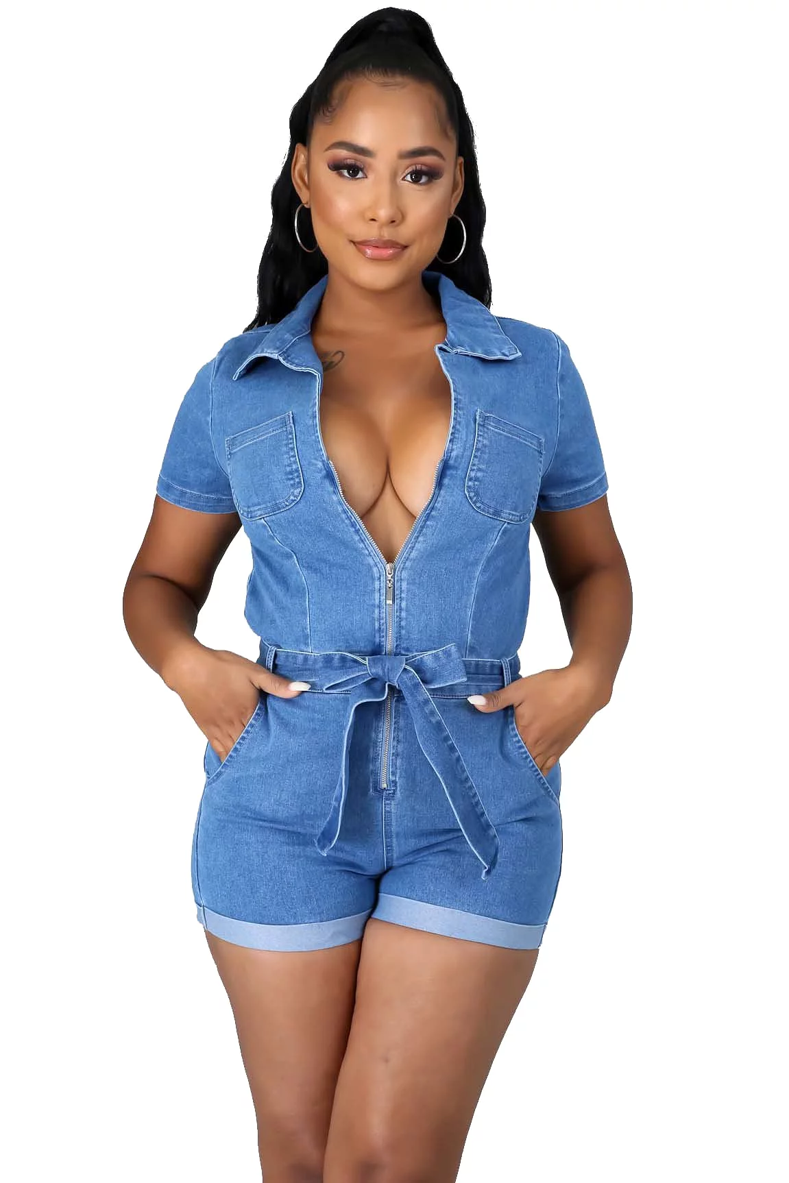 Serina Bow Denim Romper - Blue