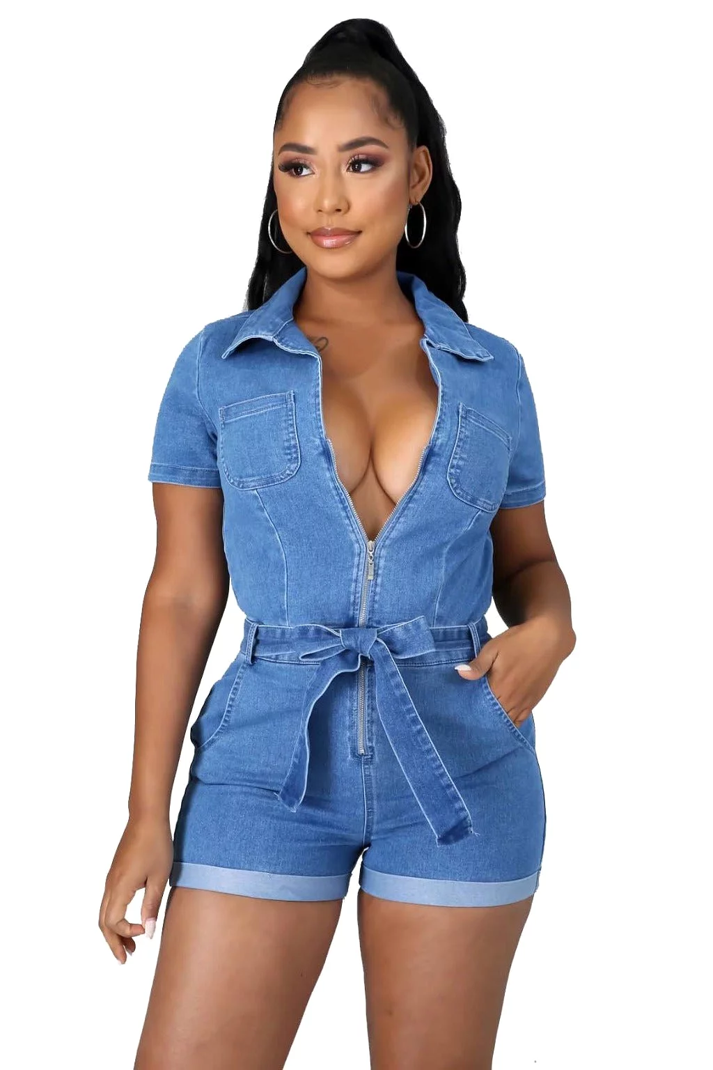 Serina Bow Denim Romper - Blue