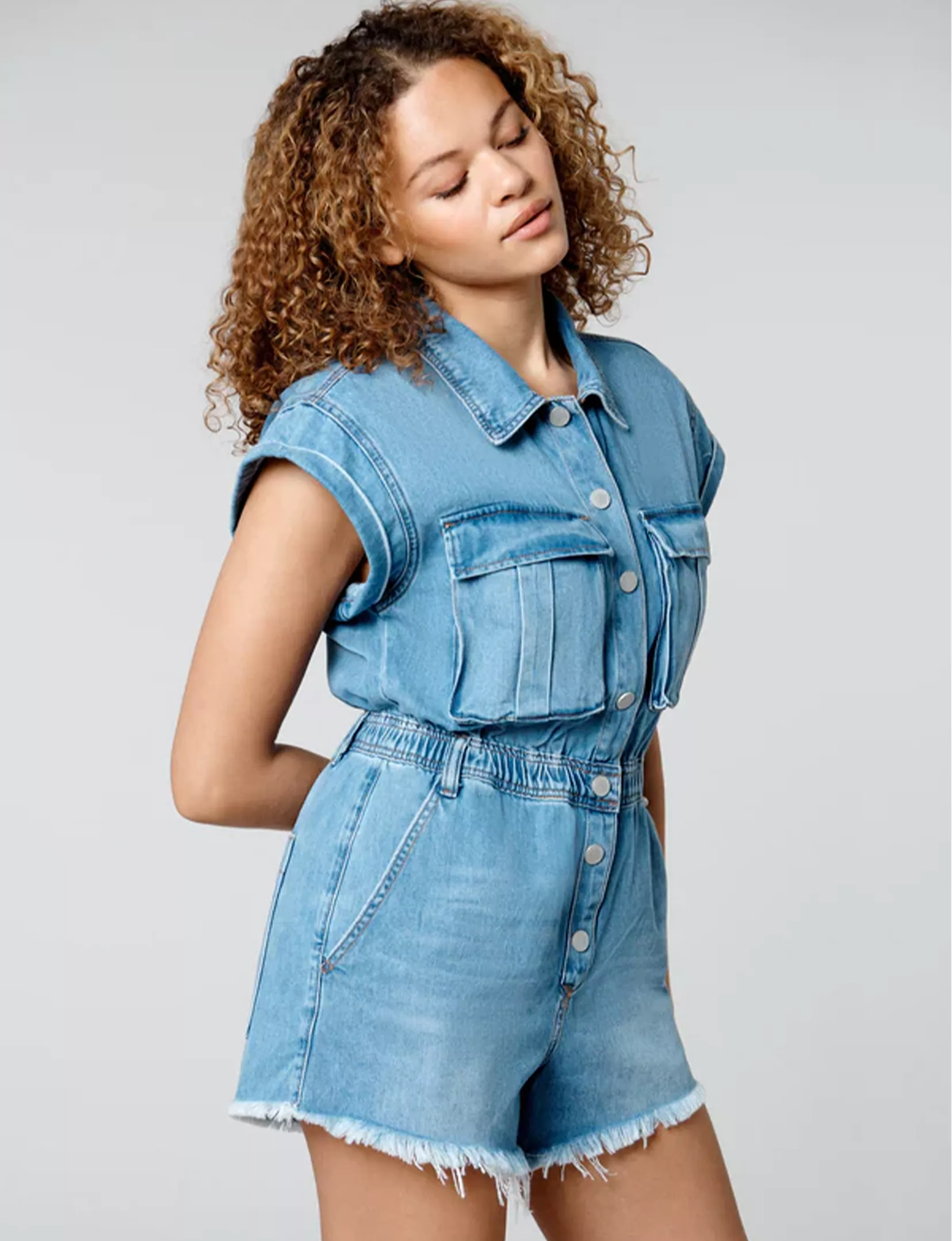 Short Sleeve Distressed Denim Romper, Sit Tight