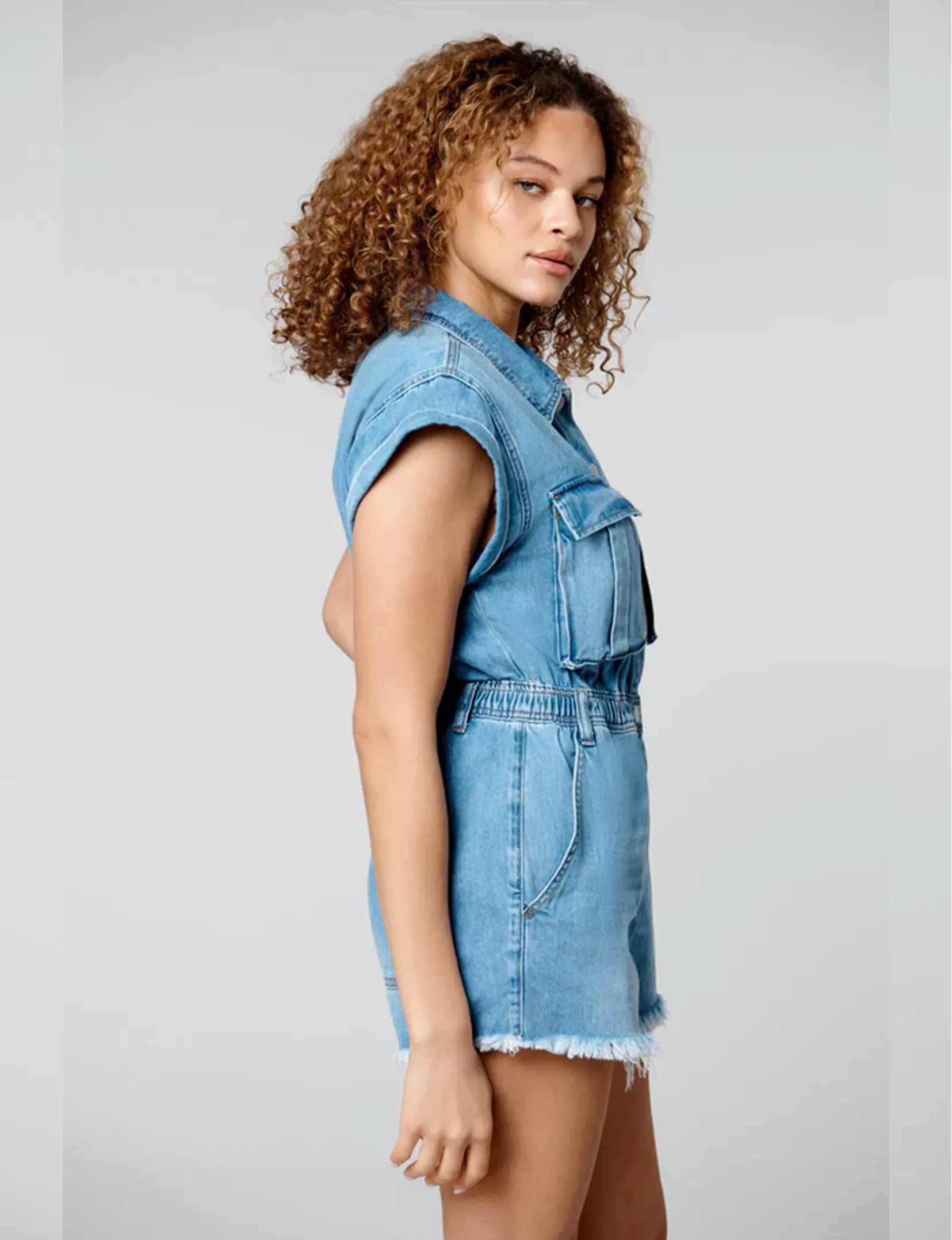 Short Sleeve Distressed Denim Romper, Sit Tight