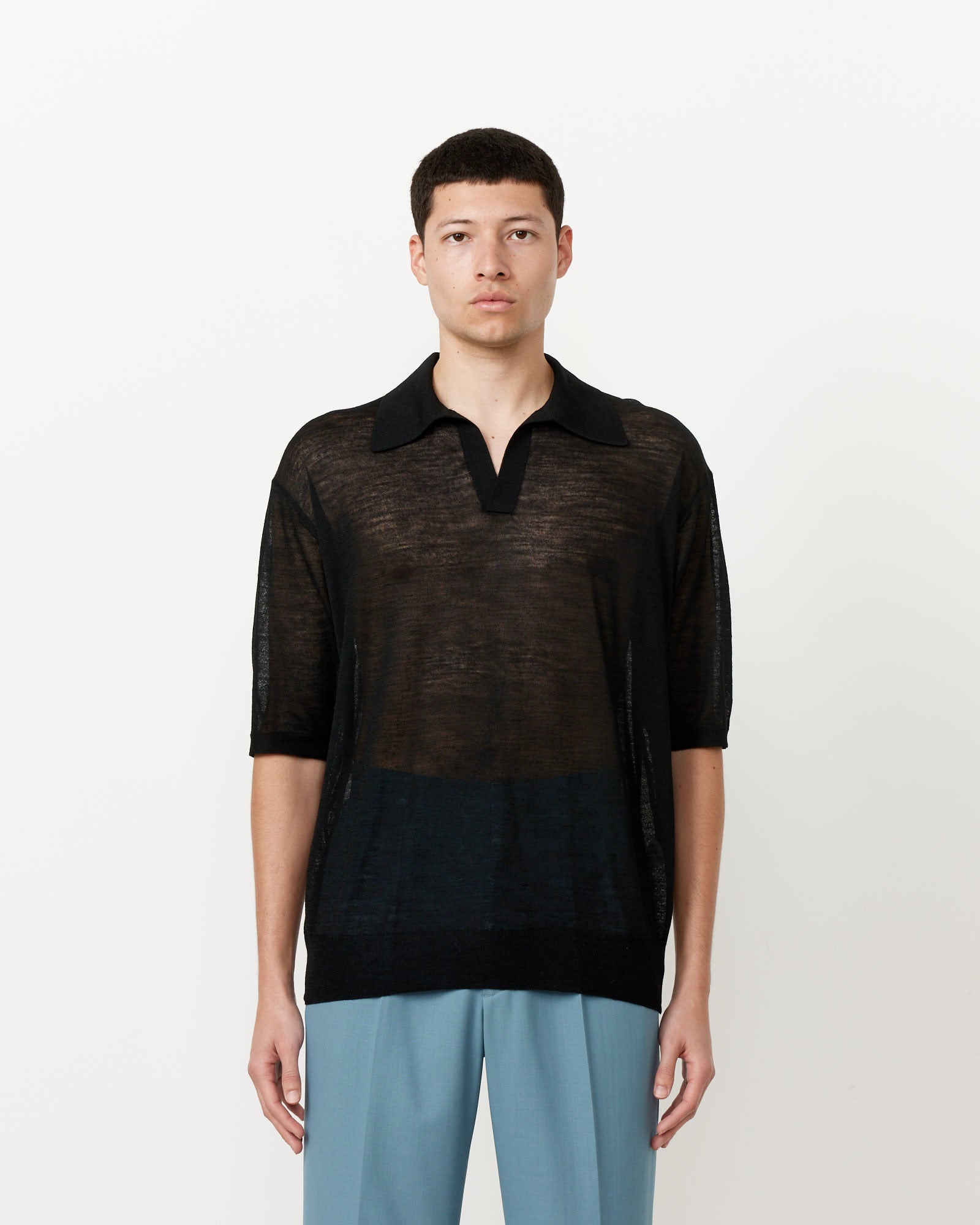 Silk Knit Skipper Polo in Black